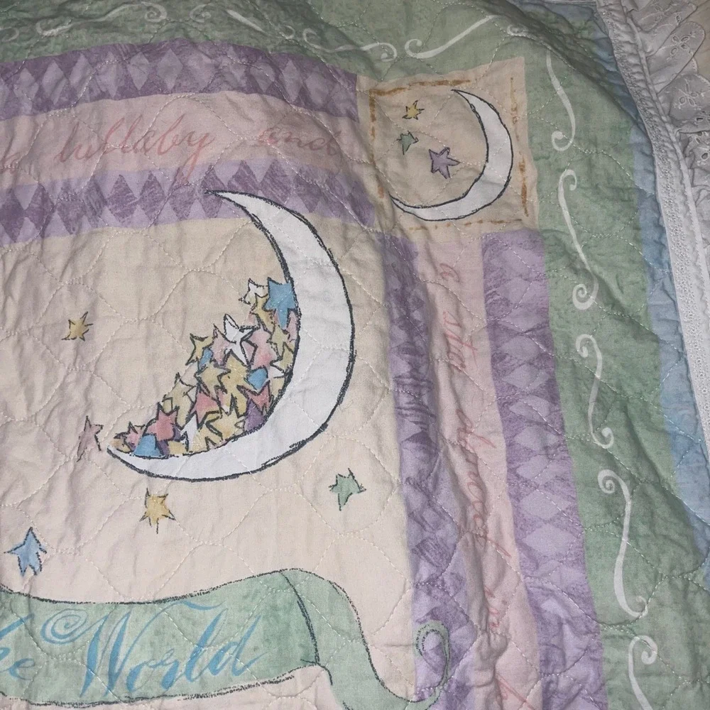 Vintage Pastel Baby Quilt Crib Blanket ABC‎ Blocks Animals Lace Trim Reversible